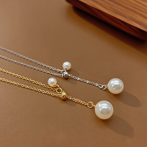 French Elegant Y-Shaped Lariat Necklace Titanium Steel Adjustable Simulated Artificial Pearl Drop Chain For Women Minimalist Jewelry