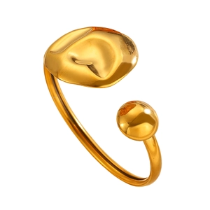 Elegant gold asymmetric stainless steel open bangle with unique hammered finish