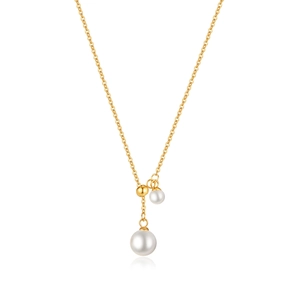 Elegant gold Y-shaped necklace with double white pearl pendants on a white background