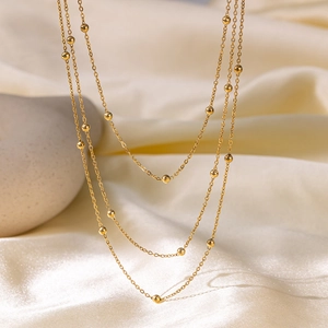 Triple Layer Beaded Chain Necklace Stainless Steel Gold Plated Minimalist Adjustable Choker Fashion Jewelry For Women