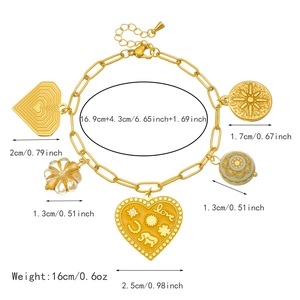 Gold stainless steel charm bracelet with love heart, elephant, and sun pendant charms