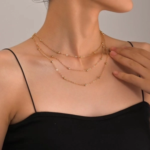 Minimalist gold beaded multi-layer chain necklace for women with layered choker design