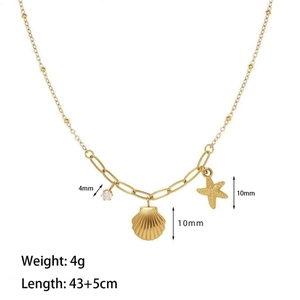 Collana con ciondolo a stella marina e conchiglia dorata in acciaio al titanio con misure