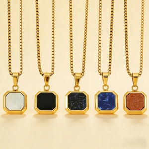 Collier Pendentif Géométrique Octogonal En Acier Inoxydable Avec Incrustation Coquille Turquoise Bleue Grès Pour Hommes Femmes