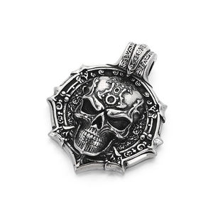 Detailed Gothic skull pendant in blackened titanium steel for biker and punk styles