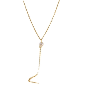 Minimalist gold plated stainless steel Y-shaped necklace featuring white pearl pendant