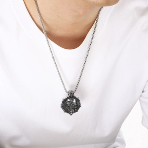 Vintage biker style skull pendant necklace in silver-toned stainless steel for men