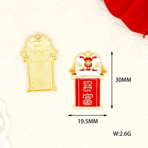 Close-up of red and gold lion dance enamel pendant with 30mm height and weight details