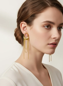 Detailansicht eleganter, 18 Karat vergoldeter Quastenkette-Ohrringe aus Edelstahl an einem Model