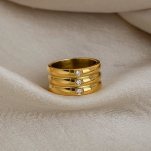 Layered Wide Band Ring 18K Gold Plated Stainless Steel With Zircon Inlay Waterproof Hypoallergenic Minimalist Jewelry