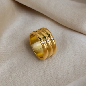 Three-layer 18K gold plated stainless steel wide band ring with three sparkling zircons