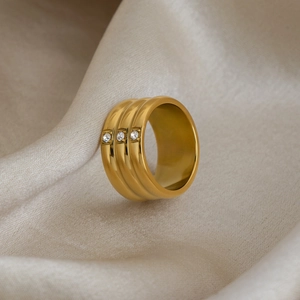 18K gold plated stainless steel wide band ring with three sparkling vertical crystals