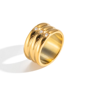 18K gold plated wide ring with triple-layered bands and three sparkling zircons