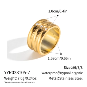 Detailed view of 18K gold plated stainless steel wide ring with three cubic zirconia stones