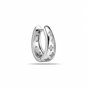 Silver 316L titanium steel oval hoop earring with engraved star patterns, 10mm size