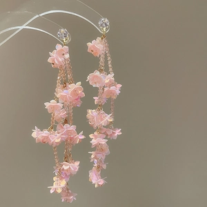 Elegant pink floral tassel drop earrings with crystal studs and iridescent finish