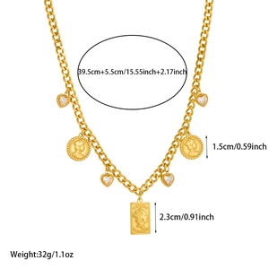 Gold stainless steel coin necklace with heart crystal charm and Elizabeth II pendants