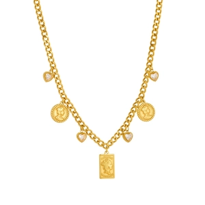 Gold chunky chain necklace with heart crystals and embossed coin pendants for women