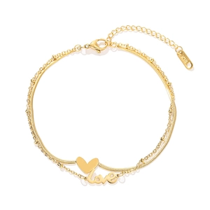 Tobillera de titanio dorado de doble capa con corazón LOVE y cadena K18 ajustable