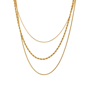 Collier triple rang en acier inoxydable plaqué or 18k avec chaînes serpent et torsadées