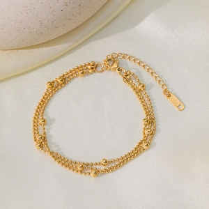 Multi Layer Stainless Steel Bracelet 18K Gold Plated Beaded Tassel Elegant Adjustable Jewelry For Women
