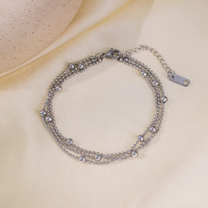 Three-layer stainless steel beaded bracelet in silver finish with lobster clasp