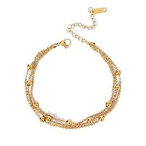 Three-layer 18K gold plated stainless steel bead bracelet with adjustable lobster clasp
