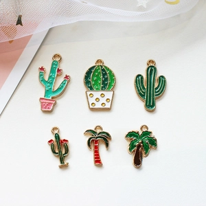 Korean Style Alloy Dripping Oil Tropical Plant Cactus Coconut Tree Charms For DIY Jewelry Making Accessories Pendants Green