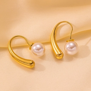 Elegant French Style Artificial Pearl Drop Earrings Stainless Steel Waterdrop Shape Minimalist Jewelry For Women