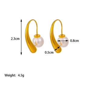 Elegant gold drop pearl earrings with matte finish and detailed size measurements