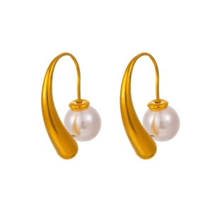 Elegant French style gold curved drop earrings with lustrous white pearls for women