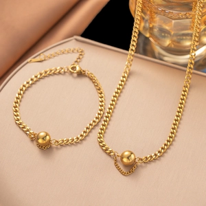 Roestvrij Stalen Gouden Kraal Halsketting Armband Sieraden Set Minimalistisch 18K Verguld Ronde Bal Hanger Cubaanse Schakelketting Sieraden Vrouwen