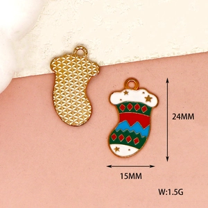 Detailed dimension view of colorful enamel Christmas stocking charm for DIY jewelry making
