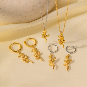 Collana E Orecchini A Cerchio Fiore Di Rosa Gioielli In Acciaio Inossidabile Moda Vintage Per Donne
