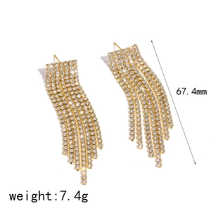 Elegant gold tassel earrings with shimmering full rhinestones for women, 67.4mm length