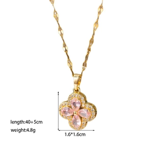 Elegant four-leaf clover necklace with pink teardrop stones and white crystal borders