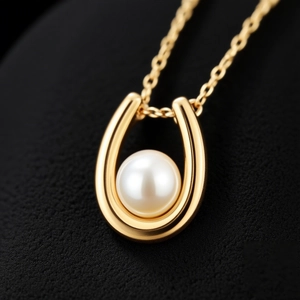 Elegante U-förmige goldene Titanhalskette mit glänzender Perle auf schwarzem Hintergrund