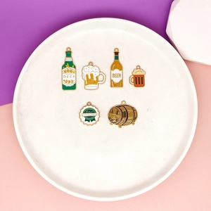 Enamel beer charms set featuring bottles, mugs, caps and barrel for DIY jewelry.