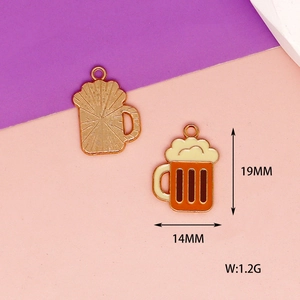 Macro detail of beer mug enamel charms showing dimensions 19mm height and 14mm width