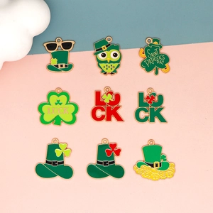 Detailed display of St. Patrick's Day charms with green shamrocks and luck hats