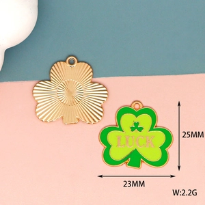Close-up showing precise dimensions of green enamel clover shamrock pendant charm