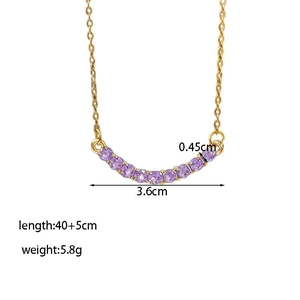 Gold chain necklace with a curved smile pendant featuring seven purple zircon stones