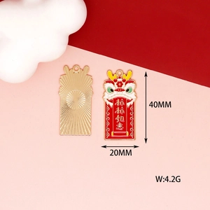 Detail showing a red and gold Chinese dragon year pendant charm with dimension markings.