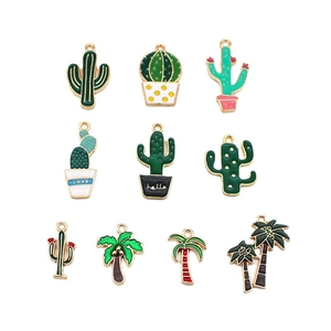 Set of ten vibrant enamel cactus and palm tree charms for personalized DIY jewelry crafts