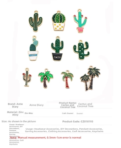 Detailed view of colorful cactus and palm tree alloy charms for DIY jewelry making