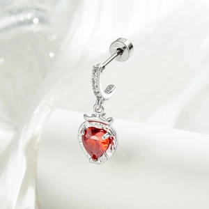 Sparkling silver strawberry cartilage earring with a vibrant red heart-shaped zircon