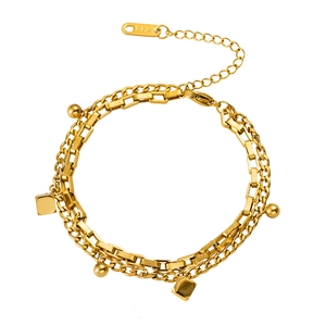 Bracelet double couche en acier titane plaqué or 18K avec breloques carrées et perles