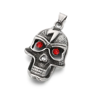 Gothic Viking warrior skull pendant with red rhinestone eyes and lightning bolt detail