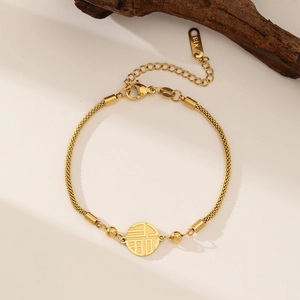 Bracelet Titanium Steel 18K Gold Plated Fu Character Circular Charm Mesh Woven Chain Chinese Style Vintage Elegant Accessory