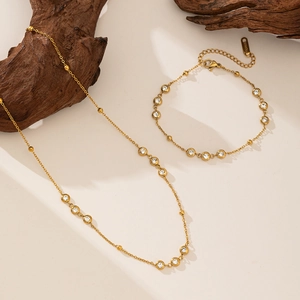 Minimalist 18K Gold Plated Stainless Steel Jewelry Combination For Women Zirconia Round Pendant Necklace Bracelet Elegant Accessories